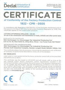 Dedal Attestation and Certification–Catonic Bituminous Emulsion Certificate